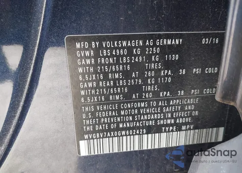 2016 Volkswagen Tiguan S из США, поврежденный, VIN WVGBV7AX0GW602429